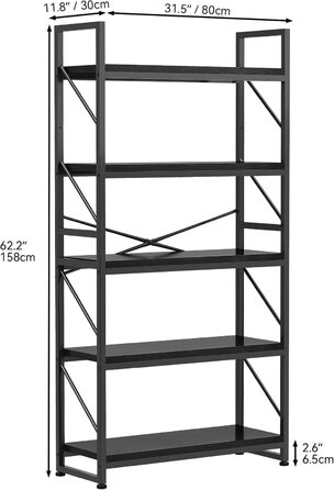 Стильна полиця YITAHOME з 5 ярусами, чорна, 80 x 30 x 158 см | Полиця для книг, вітальня, офіс