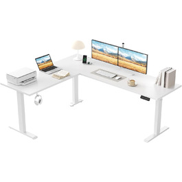 Електричний кутовий стіл Klicelor з регулюванням висоти, 190 x 155 см. 3 функції пам'яті, антиколізійна технологія, ергономічний комп'ютерний стіл, білий