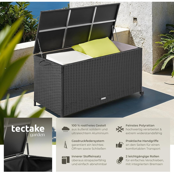 Скриня для саду Tectake з ротангу, чорна, 297л, водонепроникна, на колесах, для тераси та балкону 117x54x64 см
