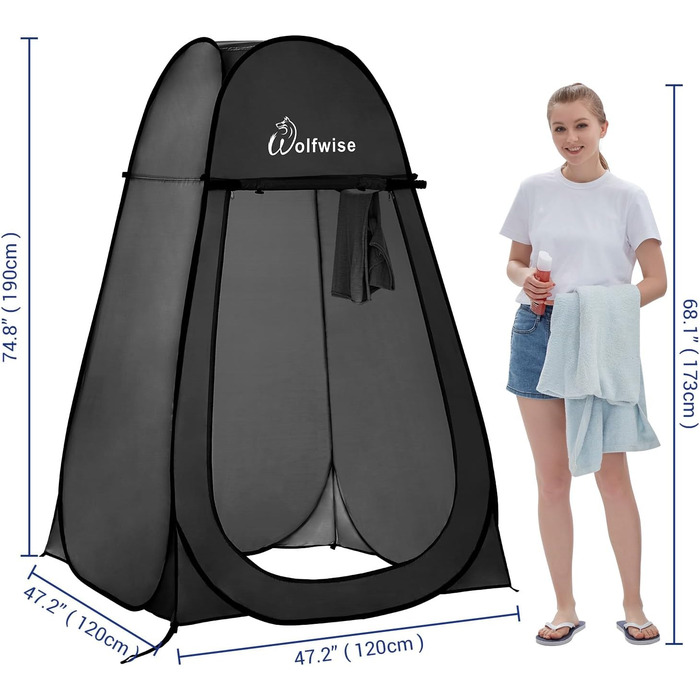 Намет для душу WolfWise Pop-Up – для кемпінгу, пляжу, відпочинку на природі, 190 см, чорний/зелений/синій