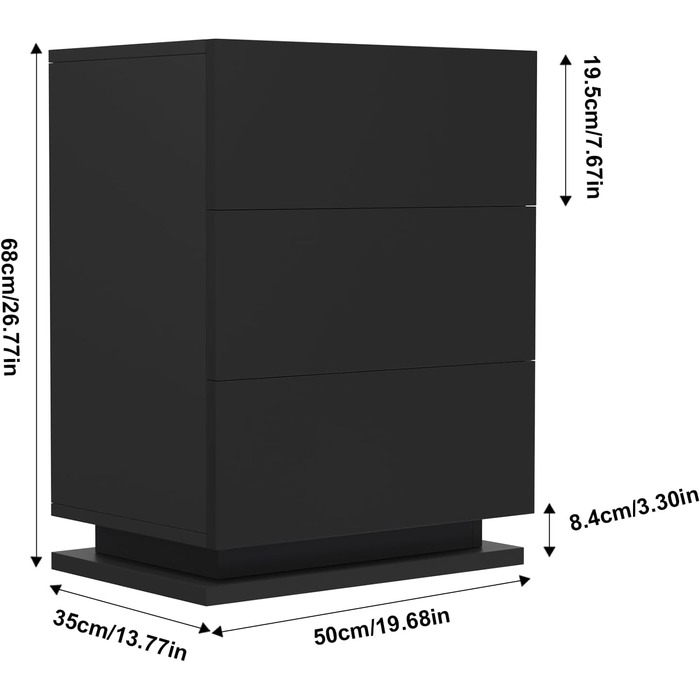 Тумбочка 2 ящики, глянцевий комод зі світлодіодом, чорний, 40x60x35см