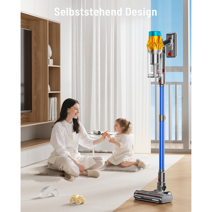 Акумуляторний пилосос бездротовий 600W, 70 хв, 1.8л, для підлоги, килимів, шерсті тварин, з самостійною підставкою, блакитний