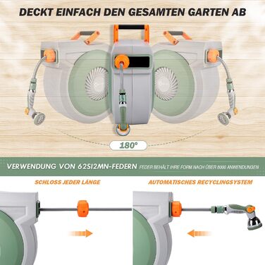 Висувна касета для шланга на стіну, шланг +2м, садовий шланг з пістолетом для поливу, система повільного відмотування, фіксація шланга на будь-якій довжині, поворотна кріплення 180°, (38M)