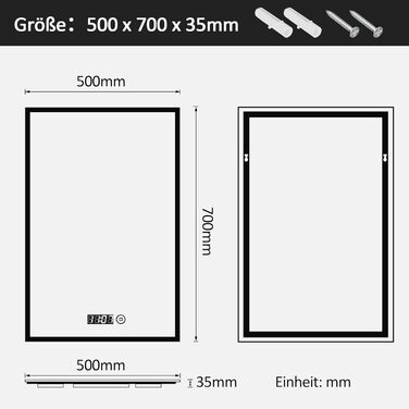 Дзеркало для ванної кімнати з підсвічуванням та годинником 50x70 см. LED дзеркало з сенсорним керуванням, 3 кольори світла, регулювання яскравості, 2470LM, стиль JB