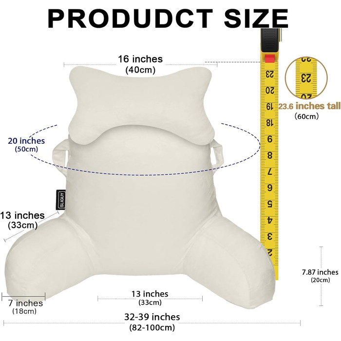 Лежак для читання в ліжко/крісло, подушка для спини з кишенями, для дорослих, для відпочинку, читання, перегляду телевізора, ігор (Бежевий)