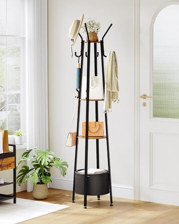 Вішалка для одягу Hzuaneri з великим кошиком для зберігання, 3 полиці, 16 гачків, 182,5 см, коричнево-чорна CR27301B