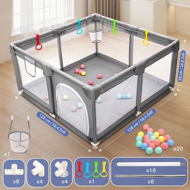 Манеж дитячий CHOLY для немовлят та малюків, 128х128 см, сірий. Безпечний, з сіткою та м'яким захистом, легко збирається