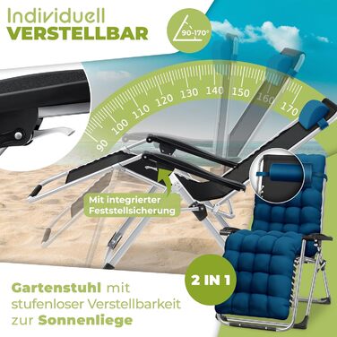 Крісло-шезлонг KESSER® для саду, розкладне, водостійке, 200 кг, широке, з регульованою спинкою, з подушкою та підстаканником (темно-синій)