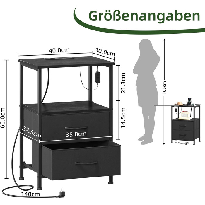 Нічний столик Somdot з підзарядкою, LED, розеткою (USB, Type-C) для спальні, вітальні, дитячої кімнати, чорного кольору, 30x40x60 см (2 висувні ящики)