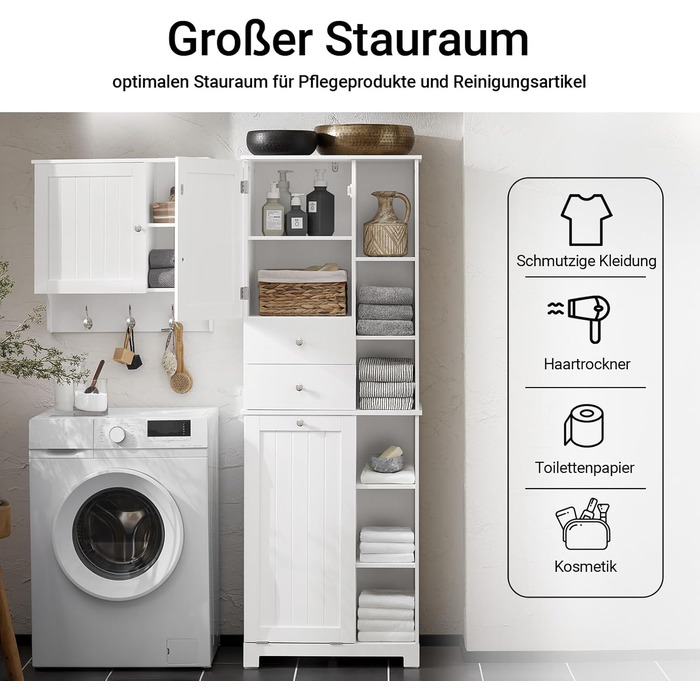 Шафа для ванної кімнати SoBuy з кошиком для білизни, вузька, висота 171 см, 6 полиць, 2 шухляди, білий колір, 60x37x171 см (BZR104-W)