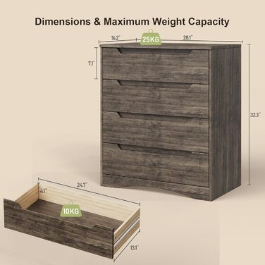 Комод Bealife для спальні з 4 великими шухлядами, шафа з шухлядами з вирізаними ручками та блокуванням від перекидання, ідеальний для вітальні, офісу (темно-сірий)