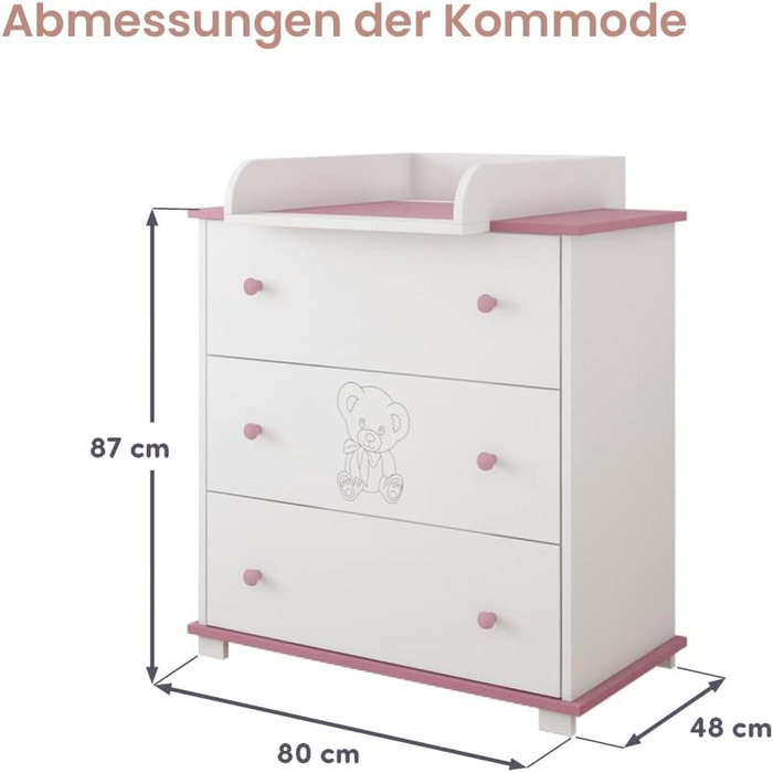 Комод з пеленальним столиком Kiki Design | 80x46 см | 3 висувні ящики | Для дитячої кімнати | Гравірований ведмедик | Рожевий