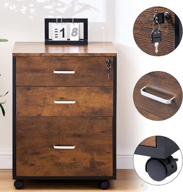 Шафа для документів на колесах SogesHome, мобільний контейнер для офісу, 3 висувні ящики, білий, з замком, для дому та офісу (Вінтаж)