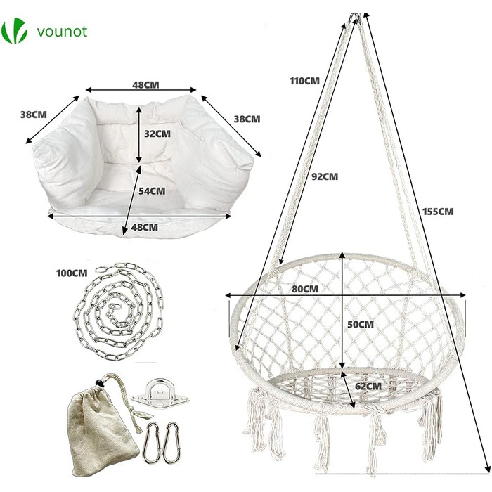 Підвісне крісло-гойдалка VOUNOT з полицею для книг та подушкою, Ø 80 см, бежеве, X-Large, для дому та саду
