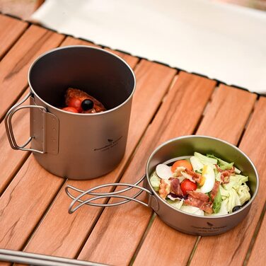 Набір посуду iBasingo Titan Becher Pfannen Set: 1100мл та 300мл для кемпінгу, туризму та пікніків. Легкий та компактний посуд з нержавіючої сталі з ручками-складанням. Набір для однієї людини Ti2053C