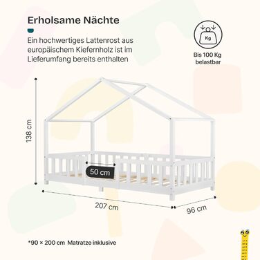 Дитяче ліжко Treviolo від en.casa: ліжко-хала з захистом від падіння, монтайсорі, з ламелями, з сосни, біле