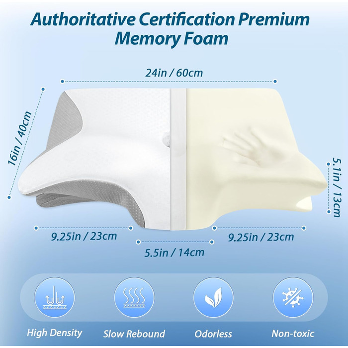 Ортопедична подушка для шиї HOMCA з Memory Foam, 2 в 1, з 3D охолодженням, 60x13/11x40 см, сіра
