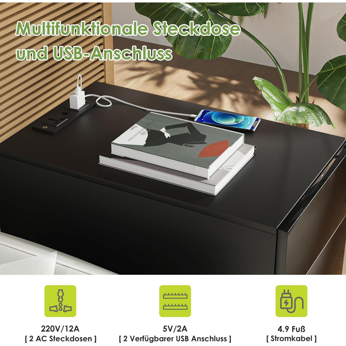 Вузька чорна тумба приліжкова з розеткою, USB, LED-підсвіткою 16 кольорів, 3 шухлядами, 50x30x63 см для спальні, сучасна