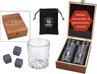 Набір Woma Whisky Stones 8 охолоджуючих кубиків, 4 келихи, аксесуари та дерев'яна коробка для віскі та коктейлів