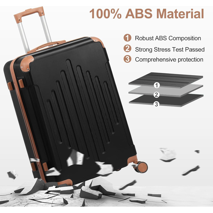 Набір валіз LEADZM 3 шт. з захистом кутів, жорсткий набір валіз-ролерів з ABS, телескопічна ручка, ручна поклажа (чорно-коричневий)