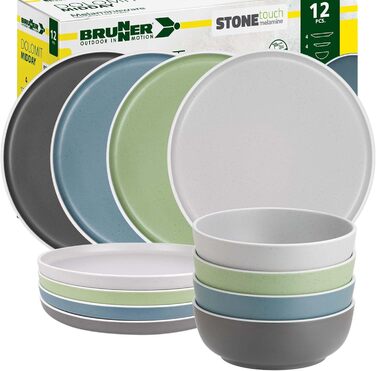 Набір посуду BRUNNER Melamin Camping | 12 предметів - тарілки та миски для 2-4 особи | DOLOMIT Midday - стікючий, стійкий до подряпин