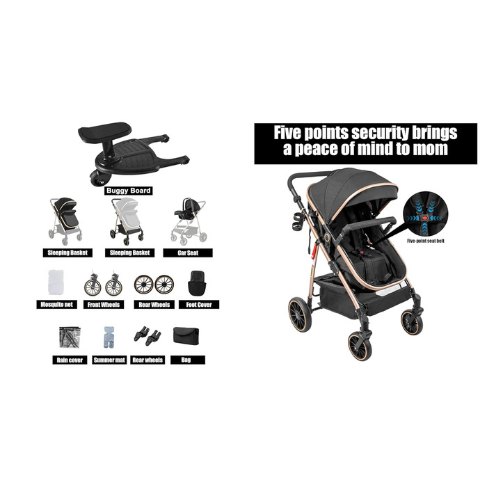 Дитяча коляска 3 в 1 Magic ZC з обертовим сидінням 360°, PU-шкіра, комплект з аксесуарами, легка та портативна, чорний (906 Black)