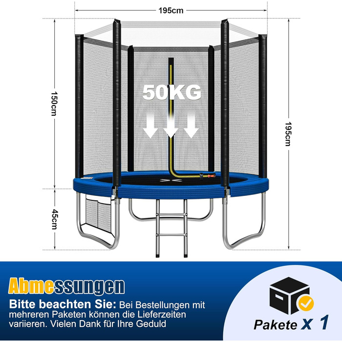 Батут JUMMICO вуличний Ø 183/228/305/366/427 см, сертифікат GS, для дітей з драбиною та кишенею (183 см, синій)