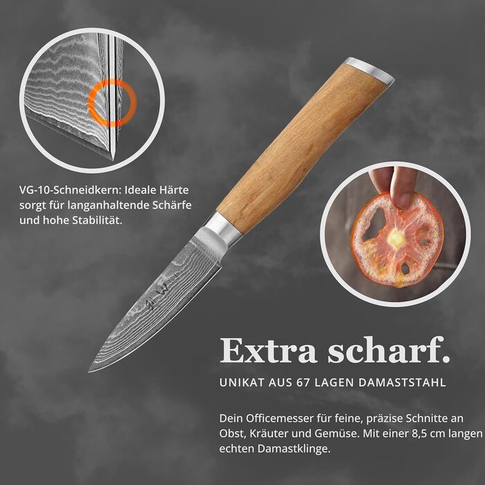 Ніж кухонний Wakoli з дамаської сталі (VG10) з 20 см лезом – гострий та збалансований – ніж з ручкою з оливкового дерева в подарунковій коробці – ніж кухарський для професіоналів та любителів (ніж для шаткування)