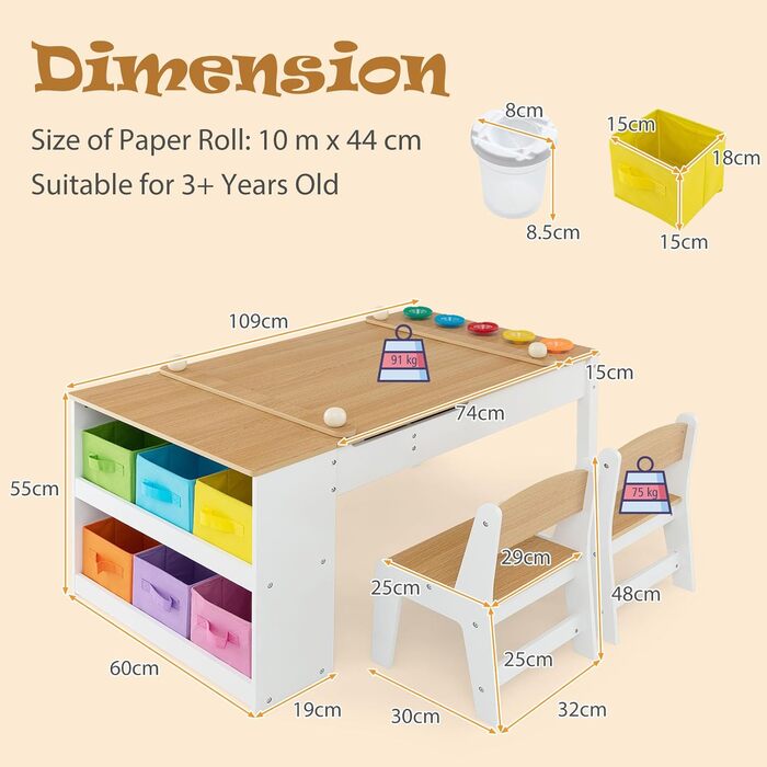 В 1 дитяча група відпочинку з дерева, стіл & 2 стільці, шкільна дошка, стіл для рукоділля та навчання, з рулоном паперу та місцем для зберігання, від 3 років (натуральний), 3