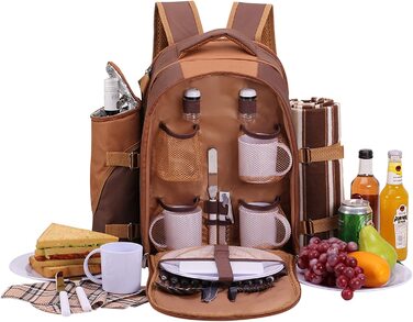 Рюкзак для пікніка на 2 людини, рюкзак для пікніка, сумка-холодильник з набором посуду і ковдрою (коричневий)