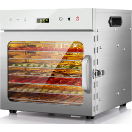 Електросушарка для овочів, м'яса та фруктів Kwasyo з нержавіючої сталі, 8 ярусів, 6 листів для сушіння, рецепти, без BPA, 30–90°C, до 24 год