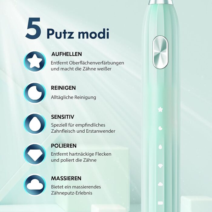 Електрична звукова зубна щітка для дорослих і дітей з 5 режимами чищення, таймером та 9 насадками Ultraschall (Синій/Зелений)