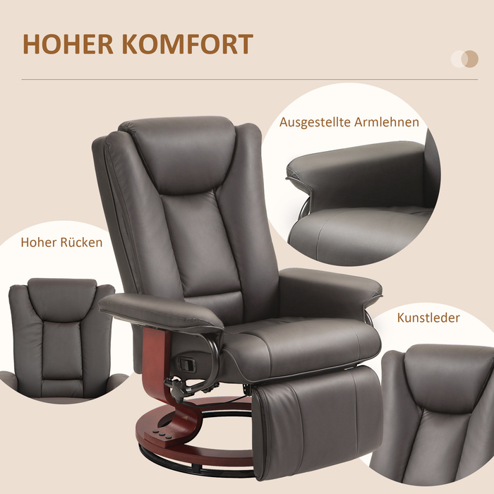 Крісло-релакс HOMCOM з регульованим нахилом спинки, поворотне, до 150 кг, обтягнуте штучною шкірою, сталевий каркас, коричневе