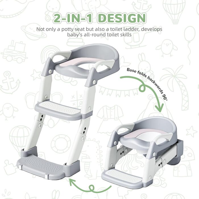 Універсальний дитячий сидіння-сходинка для унітазу 2-в-1 з PU-покриттям, регульована висота, складна конструкція, антиковзке покриття та захист від бризок