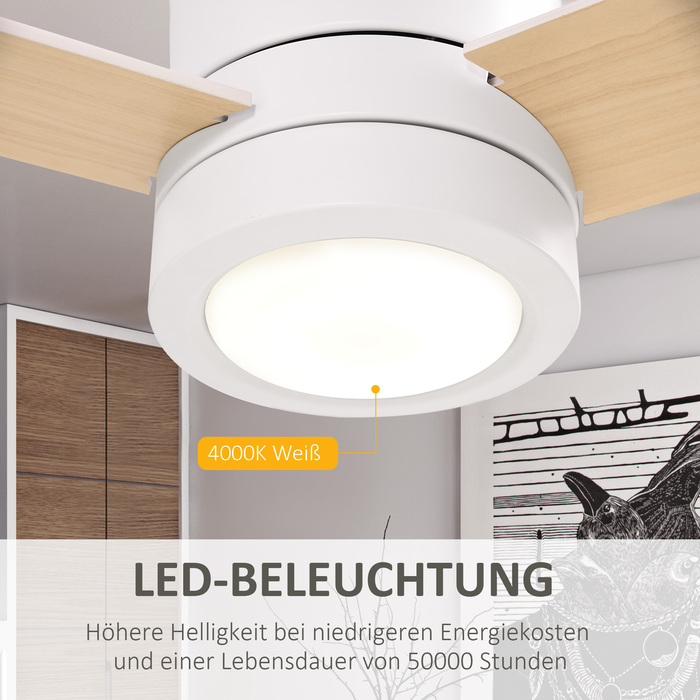 Вентилятор стельовий HOMCOM з LED-підсвіткою, 2-в-1, з таймером, пультом дистанційного керування, стельовий світильник з вентилятором, білий + натуральне дерево