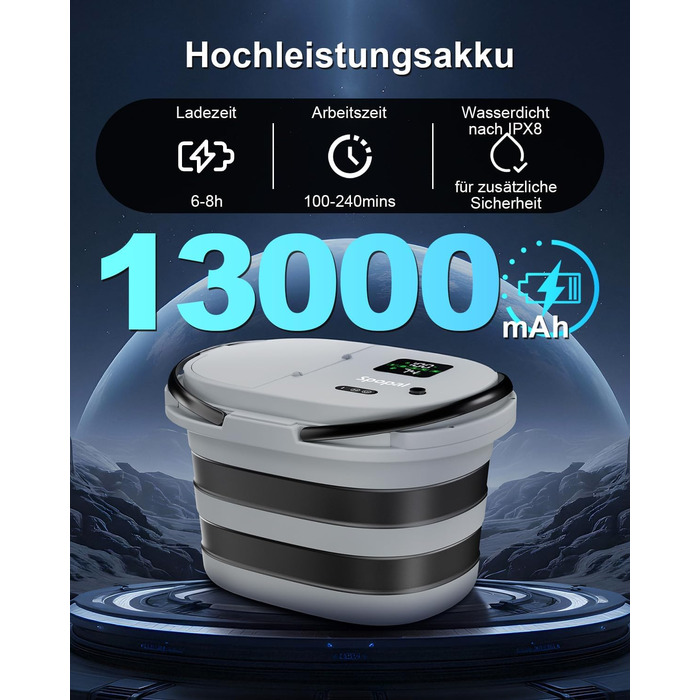 Campingdushe з насосом 20л, портативний душ з акумулятором 13000mAh, LED-індикатор, 5 режимів, для кемпінгу, подорожей, миття тварин