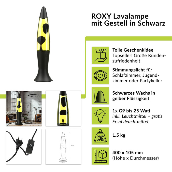 Ретро-лава Easylight ROXY фіолетово-чорна з вимикачем висотою 40 см G9 декоративна блискуча лампа для вітальні (матовий чорний, жовтий, чорний)