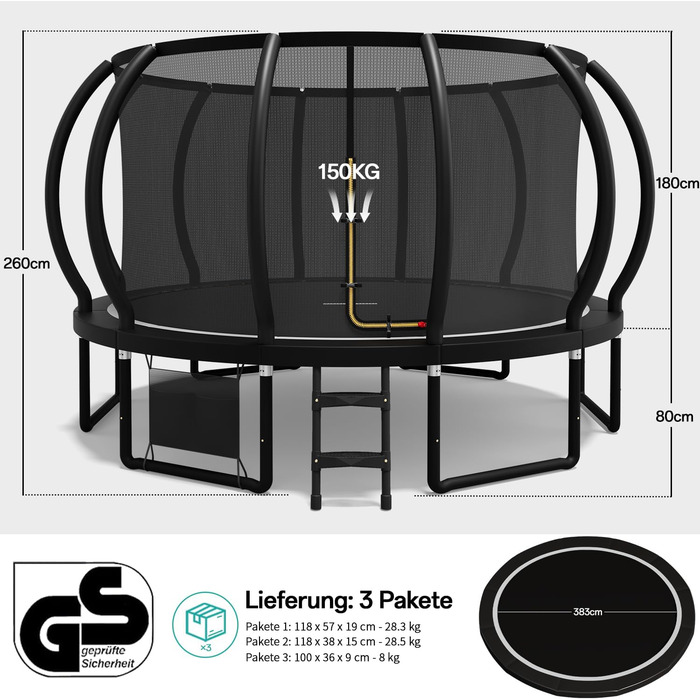 Батут садовий Flamaker Ø427 см з захисною сіткою, каркас сталевий, до 150 кг, для дітей та дорослих, чорний