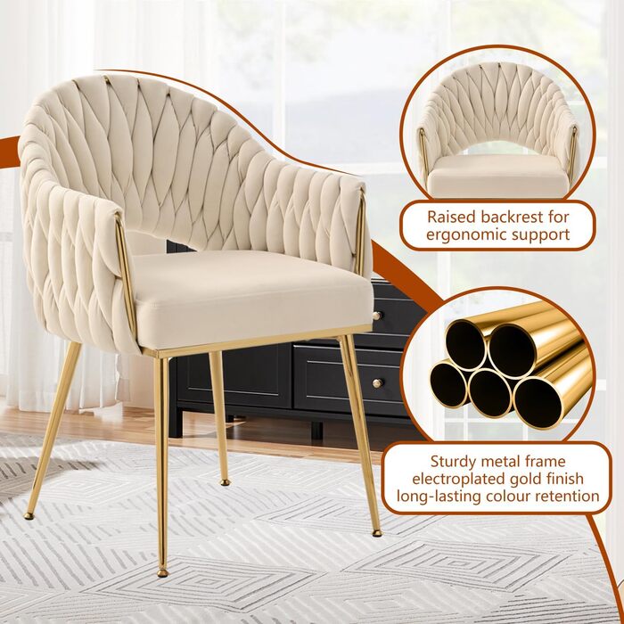 Набір з 2 обідніх стільців Samt, крісла для вітальні, стільці для кухні з підлокітниками, стільці для макіяжу з золотими ніжками, стільці для балкону білого кольору