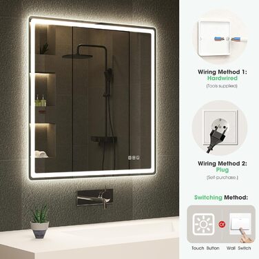 Дзеркало для ванної кімнати S'bagno з підсвічуванням Bluetooth, 100x70 см, LED, антизапар, регулювання кольору, пам'ять, HD скло, IP44, горизонтальне/вертикальне