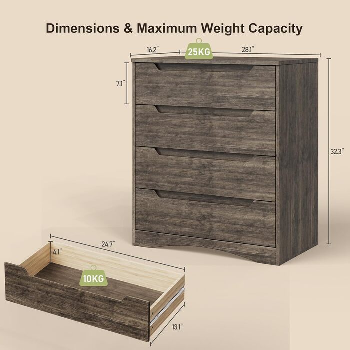 Комод Bealife для спальні з 4 великими шухлядами, шафа з шухлядами з вирізаними ручками та блокуванням від перекидання, ідеальний для вітальні, офісу (темно-сірий)