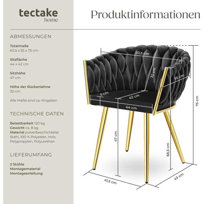 Крісла tectake® з оксамиту, комплект 2 шт., чорний/золотий, для вітальні, їдальні, туалетного столика