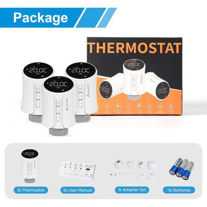 SALCAR Розумний термостат для радіатора WiFi - сумісний з Alexa та Google Home, програмований, Tuya Smart, 3 шт.