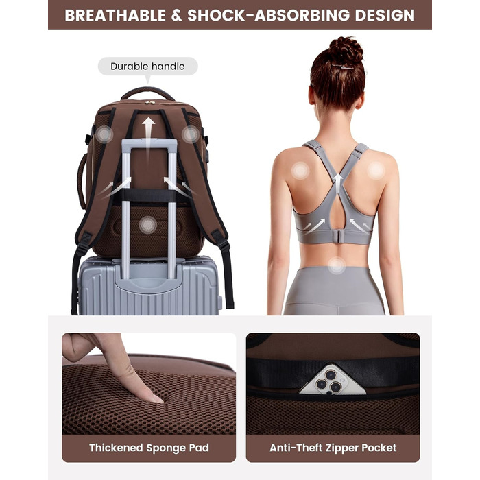 LOVEVOOK Рюкзак для ручної поклажі 40L, жіночий, для подорожей, великий, сумка-рюкзак для ручної поклажі в літак, для ноутбука, водонепроникний, рюкзак для подорожей, з косметичкою, сумка Weekender для подорожей, ділових поїздок (17.3 дюймів, Коричневий, 