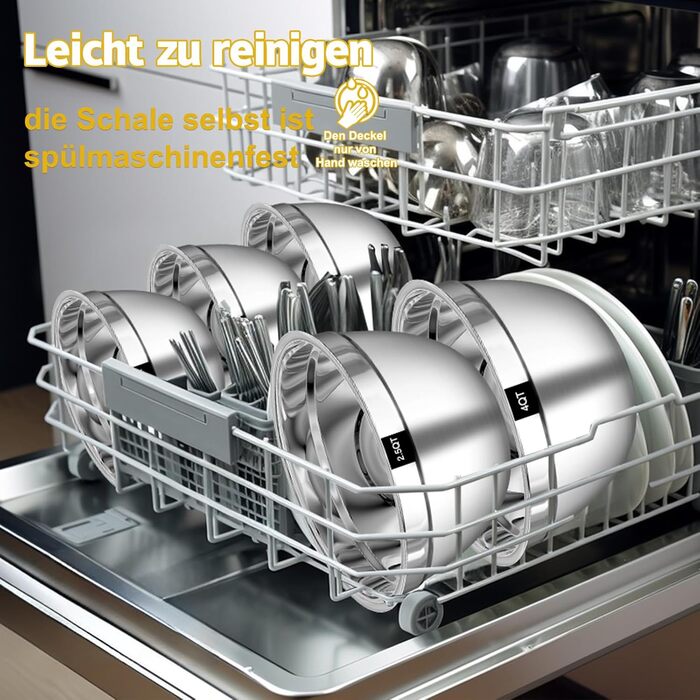 Набір мисок для перемішування 5 шт. з нержавіючої сталі, набір салатників з герметичними кришками, 3 насадки-тертки, об'єм 4.5L, 2.7L, 1.6L, 1.1L, 0.7L, скляні, розбірні, можна мити в посудомийній машині