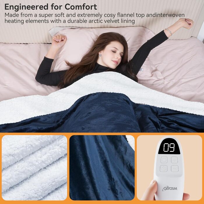 Електрична гріюча ковдра з автовимкненням, 9 режимів нагріву та 10 таймерами. Захист від перегріву, пральна, тепла ковдра для дому та офісу (Блакитна, 180x200 см)