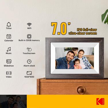 Цифровий фоторамка Kodak 10 дюймів з пультом дистанційного керування, без Wi-Fi, IPS-дисплей 1280x800, відтворення фото/відео/музики, підтримка годинника, USB/SD-картки (Темно-коричневий)