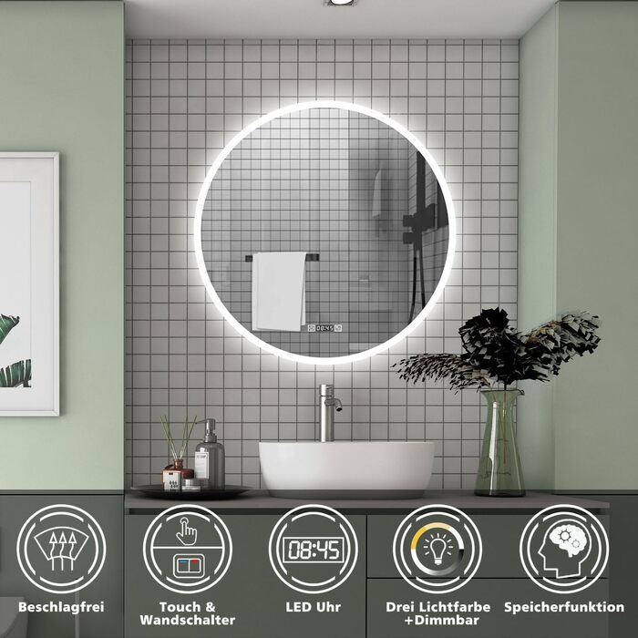 Круглий LED дзеркало для ванної кімнати 70 см з підсвіткою, сенсорне керування, протизапітніння, Alpha Series, холодне біле світло
