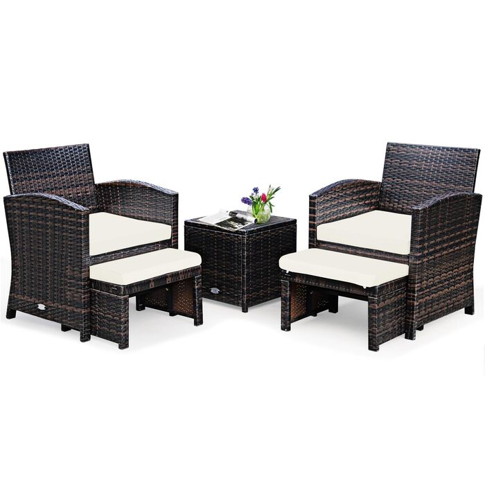 Садовий набір меблів GIANTEX 5 предметів ротанг: 2 крісла, 2 пуфи, столик - для балкона та саду з білими подушками