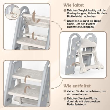 Дитячий підсвічник Onasti Tritthocker: регульована висота, 3 ступені, з ручками, складний, анти-кіп та анти-ковзний, для кухні, ванної кімнати, умивальника та туалету (сірий)